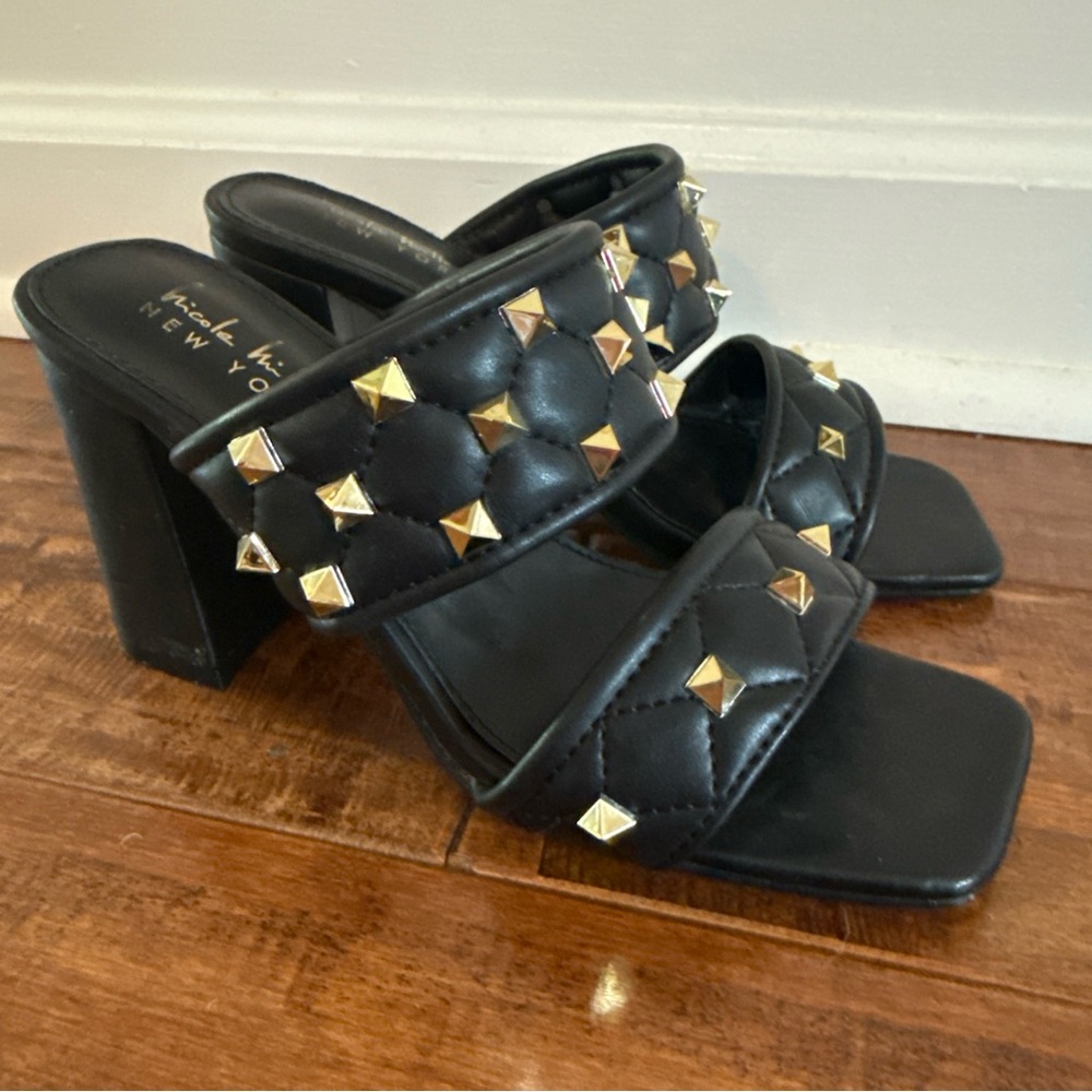 Nicole Miller Black Quilted Studded Open Toe Block Heel Slide-On Sandals 6.5